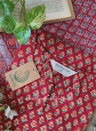 Shovika Hand Work Red Cotton Kurta with kota doria dupatta (2pc)