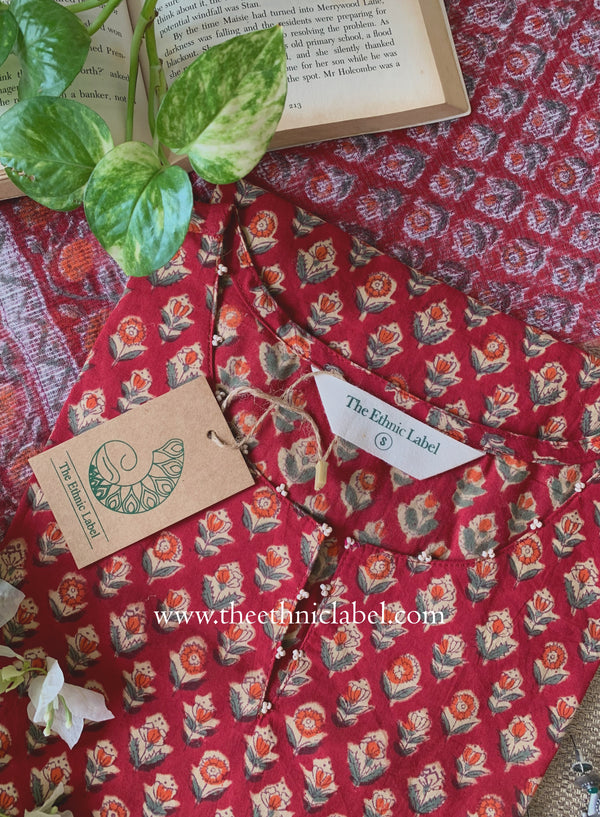 Shovika Hand Work Red Cotton Kurta with kota doria dupatta (2pc)