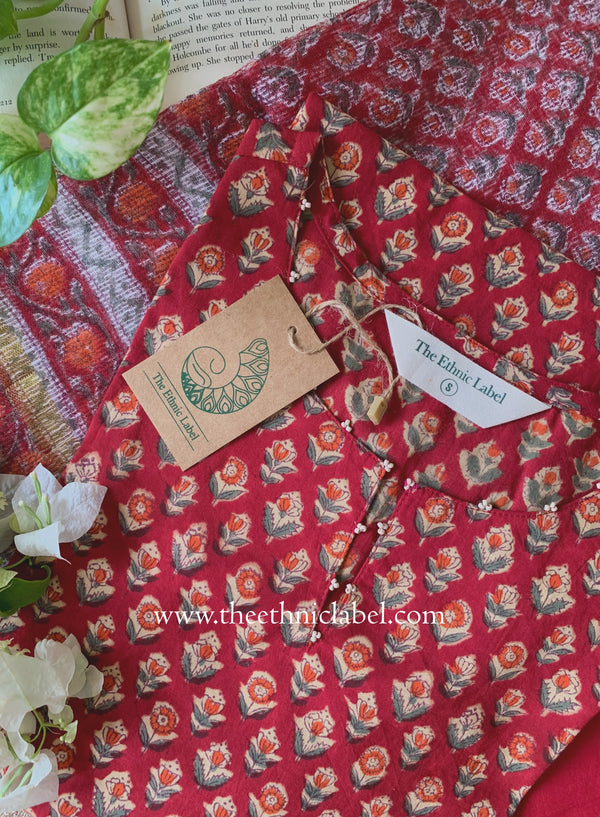 "Nivika" Hand Work Red Cotton Kurta Set with kota doria dupatta (3pc)