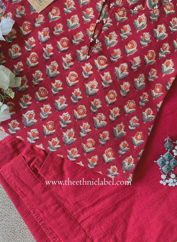"Nivika" Hand Work Red Cotton Kurta Set with kota doria dupatta (3pc)