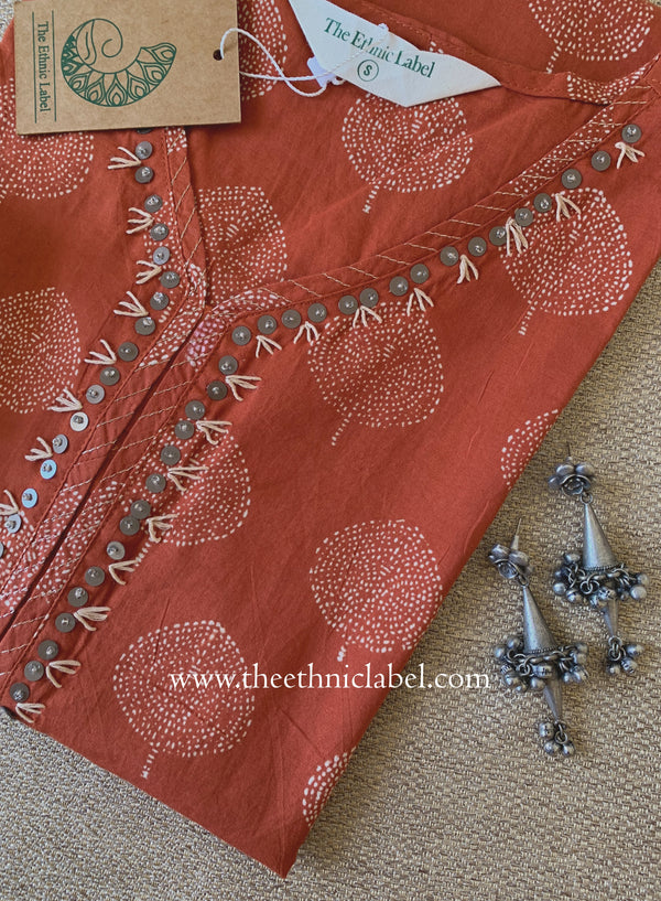 "Sheetal" Embroidered Rust Cotton kurta