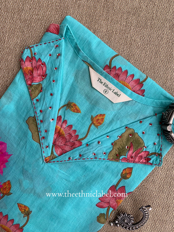"Sheena" Embroidered Blue Cotton kurta