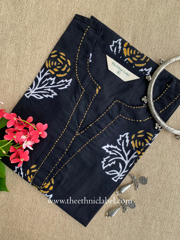 "Rhea" Hand Block Printed Black Cotton kurta