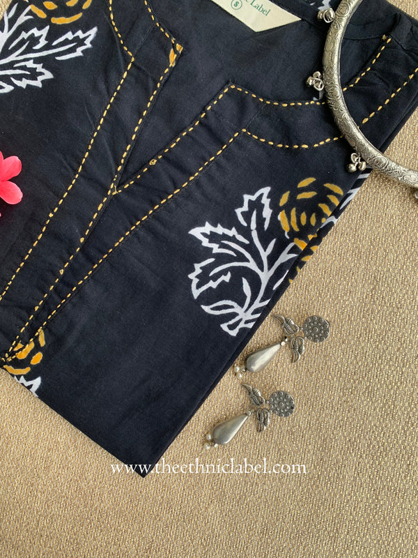 "Rhea" Hand Block Printed Black Cotton kurta