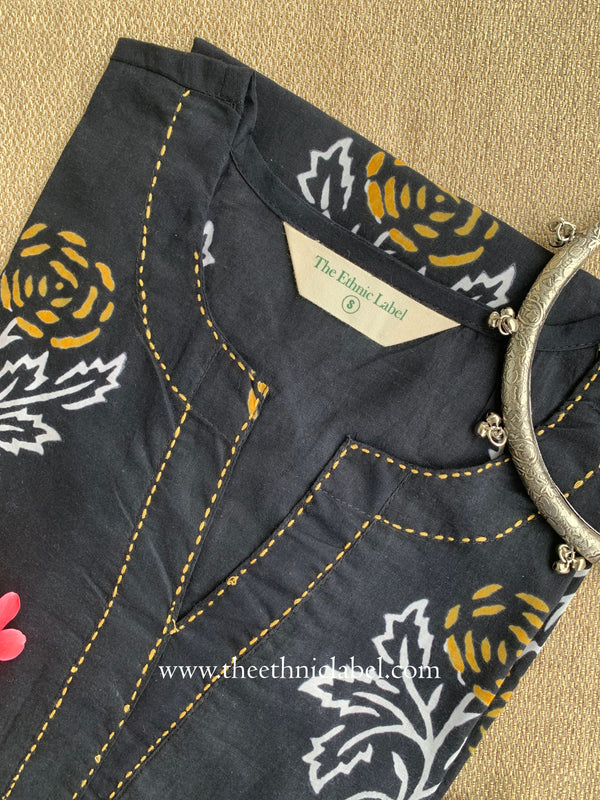"Rhea" Hand Block Printed Black Cotton kurta