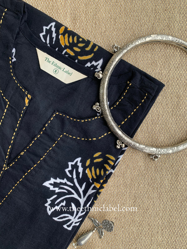 "Rhea" Hand Block Printed Black Cotton kurta