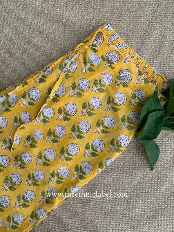 Yellow Printed Cotton Straight Pants