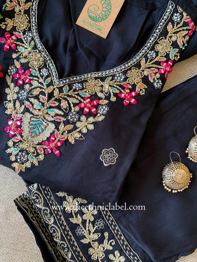 "Ziya" Black Silk Kurta Set with Dupatta(3pc)