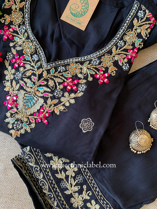 "Ziya" Black Silk Kurta Set with Dupatta(3pc)