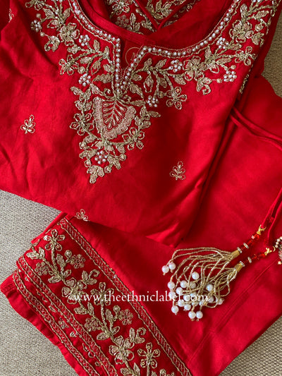 "Kashish" Red Silk Short Kurta with Palazzo and Dupatta(3pc)