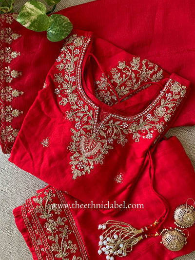 "Kashish" Red Silk Short Kurta with Palazzo and Dupatta(3pc)