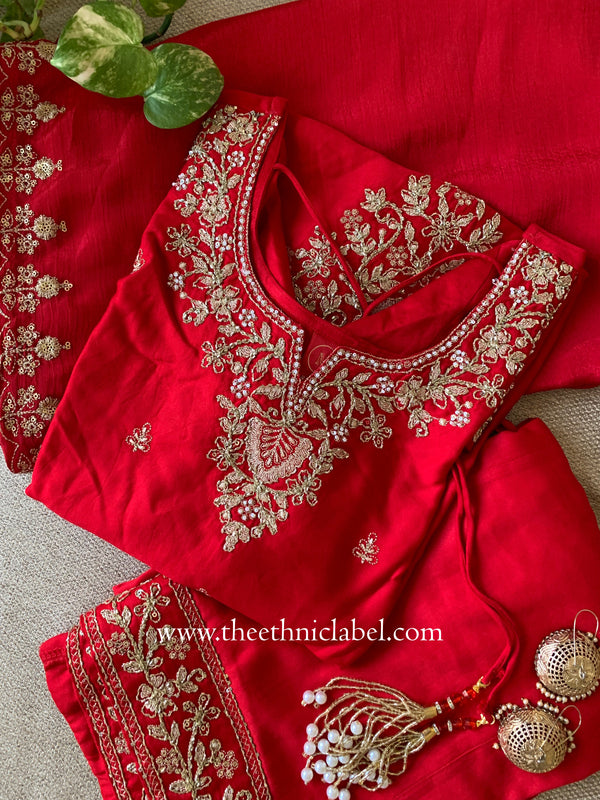 "Kashish" Red Silk Short Kurta with Palazzo and Dupatta(3pc)