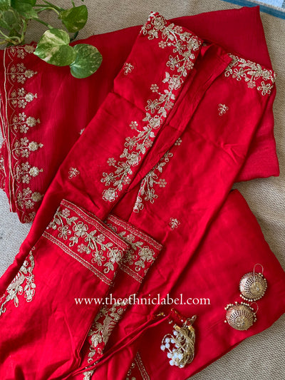 "Kashish" Red Silk Short Kurta with Palazzo and Dupatta(3pc)