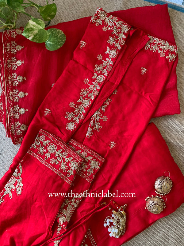 "Kashish" Red Silk Short Kurta with Palazzo and Dupatta(3pc)
