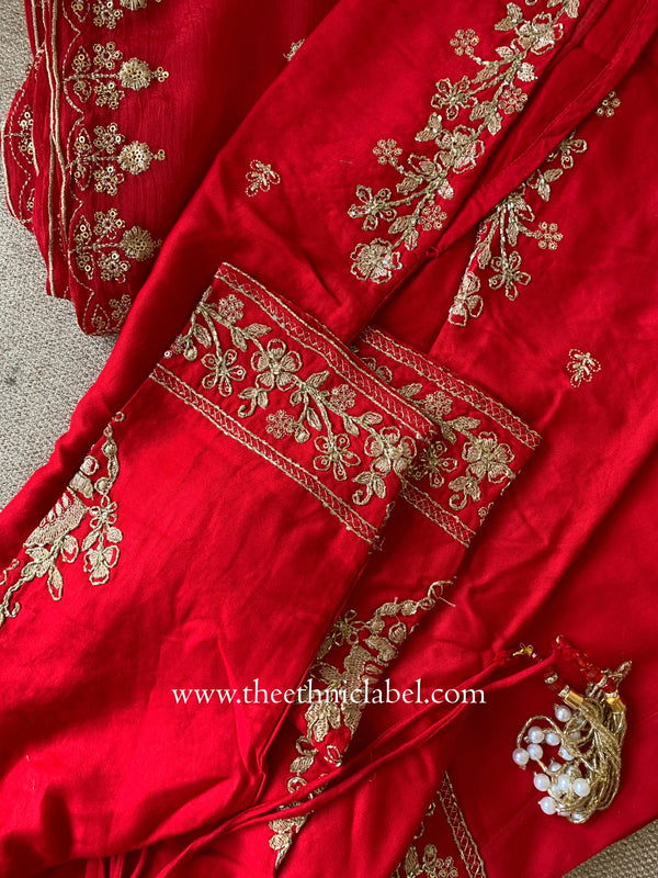 "Kashish" Red Silk Short Kurta with Palazzo and Dupatta(3pc)