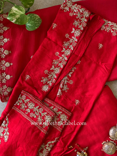"Kashish" Red Silk Short Kurta with Palazzo and Dupatta(3pc)