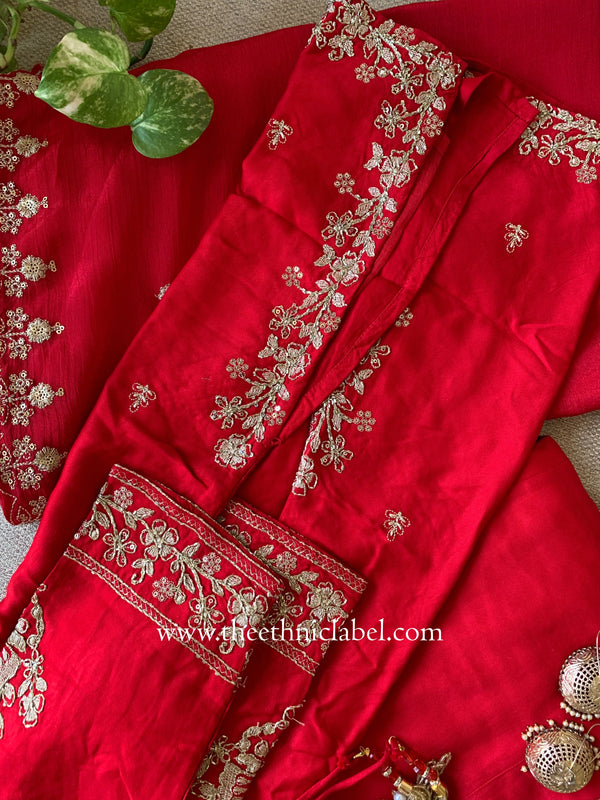 "Kashish" Red Silk Short Kurta with Palazzo and Dupatta(3pc)