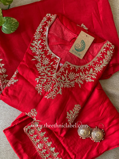 "Kinjal" Red Silk Kurta Set with Dupatta (3pc)
