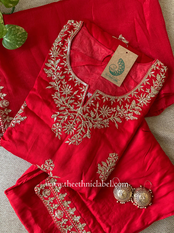 "Kinjal" Red Silk Kurta Set with Dupatta (3pc)