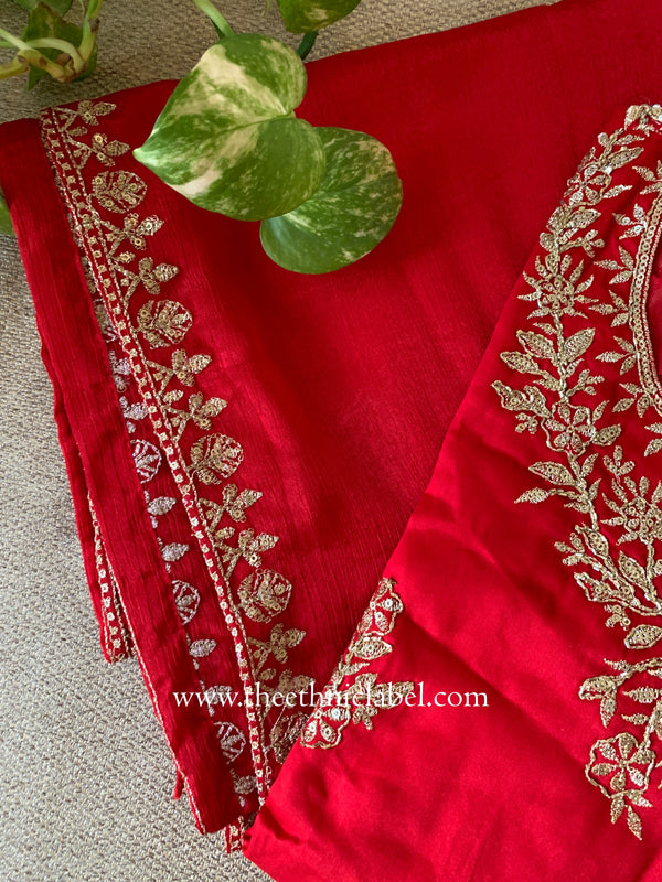 "Kinjal" Red Silk Kurta Set with Dupatta (3pc)