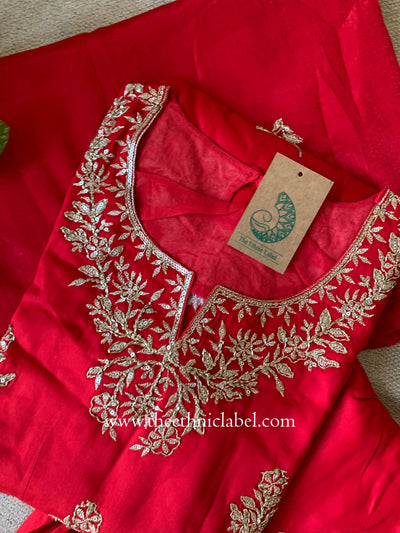 "Kinjal" Red Silk Kurta Set with Dupatta (3pc)