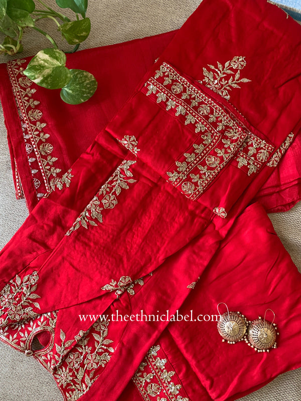 "Kinjal" Red Silk Kurta Set with Dupatta (3pc)