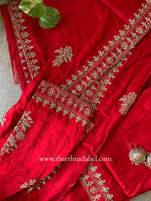 "Kinjal" Red Silk Kurta Set with Dupatta (3pc)