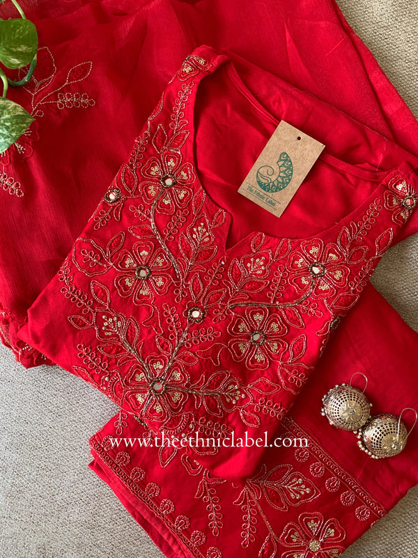 "Rasa" Red Silk Kurta Set with Dupatta(3pc)