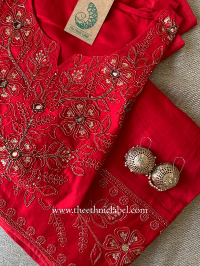 "Rasa" Red Silk Kurta Set with Dupatta(3pc)
