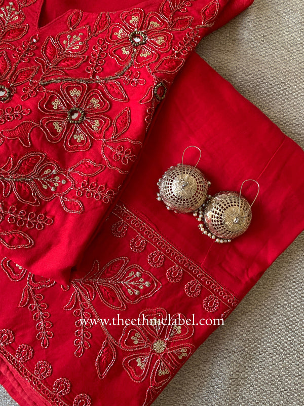 "Rasa" Red Silk Kurta Set with Dupatta(3pc)
