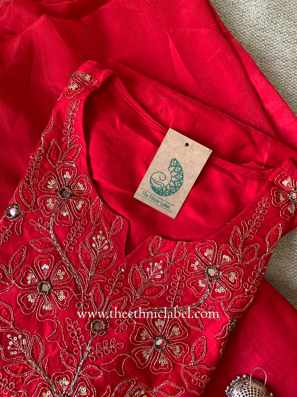 "Rasa" Red Silk Kurta Set with Dupatta(3pc)
