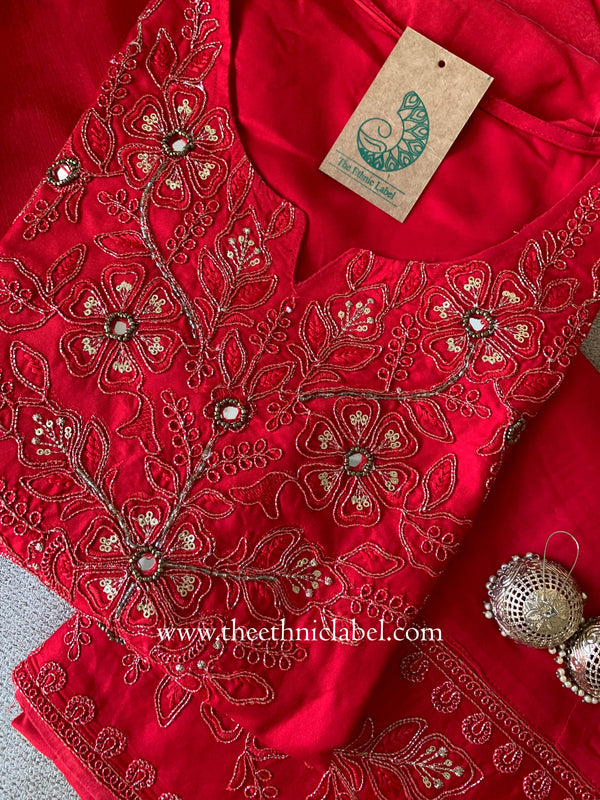 "Rasa" Red Silk Kurta Set with Dupatta(3pc)