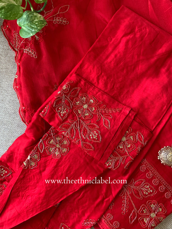 "Rasa" Red Silk Kurta Set with Dupatta(3pc)