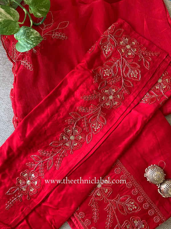 "Rasa" Red Silk Kurta Set with Dupatta(3pc)