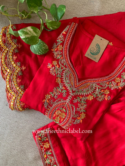 "Zareen" Red Silk Kurta Set with Scalloped Dupatta (3pc)