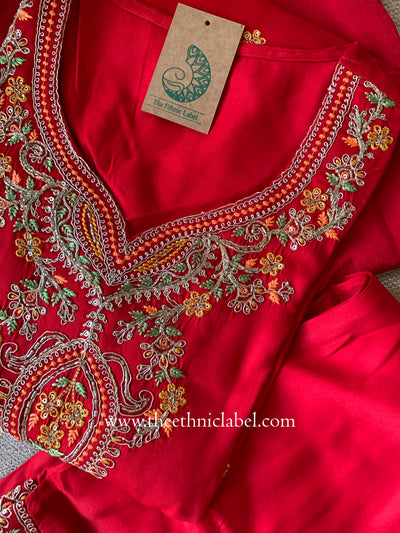 "Zareen" Red Silk Kurta Set with Scalloped Dupatta (3pc)