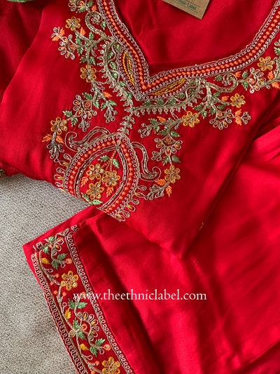 "Zareen" Red Silk Kurta Set with Scalloped Dupatta (3pc)
