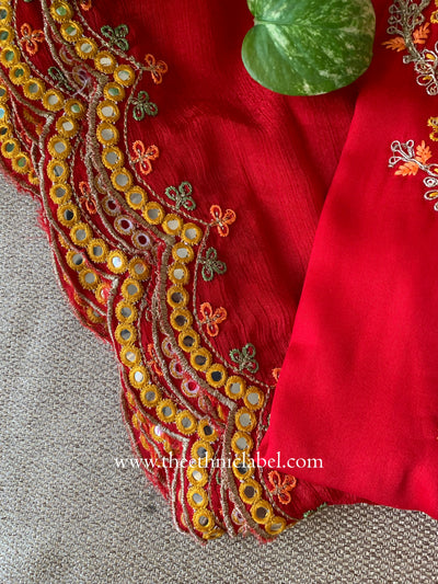 "Zareen" Red Silk Kurta Set with Scalloped Dupatta (3pc)