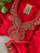 "Zareen" Red Silk Kurta Set with Scalloped Dupatta (3pc)