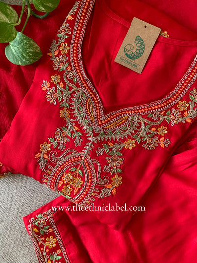 "Zareen" Red Silk Kurta Set with Scalloped Dupatta (3pc)
