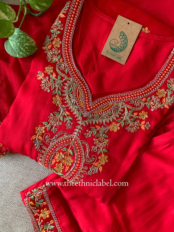 "Zareen" Red Silk Kurta Set with Scalloped Dupatta (3pc)