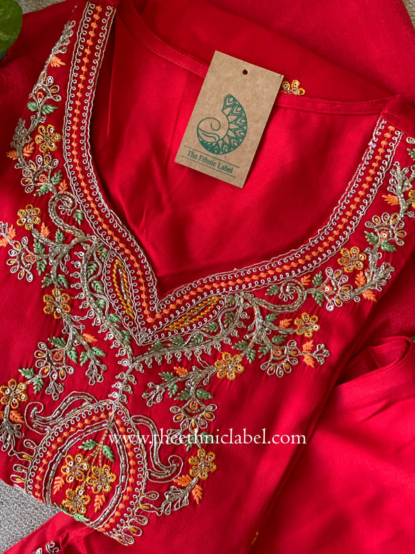 "Zareen" Red Silk Kurta Set with Scalloped Dupatta (3pc)