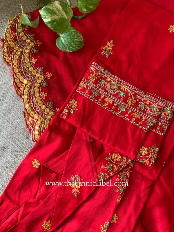 "Zareen" Red Silk Kurta Set with Scalloped Dupatta (3pc)