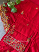 "Zareen" Red Silk Kurta Set with Scalloped Dupatta (3pc)