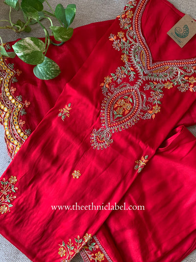 "Zareen" Red Silk Kurta Set with Scalloped Dupatta (3pc)