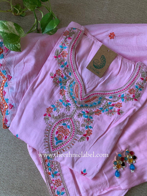 "Naaz" Pink Silk Kurta Set with Scalloped Dupatta (3pc)