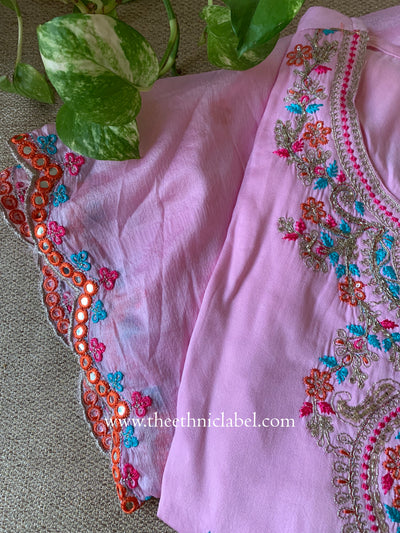 "Naaz" Pink Silk Kurta Set with Scalloped Dupatta (3pc)