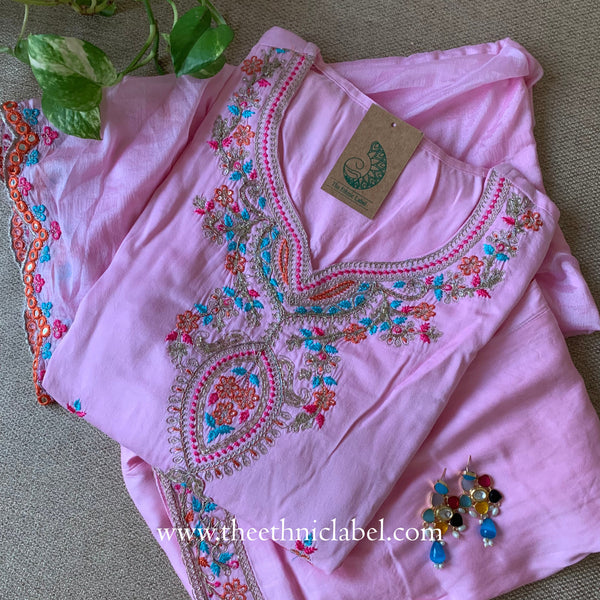 "Naaz" Pink Silk Kurta Set with Scalloped Dupatta (3pc)
