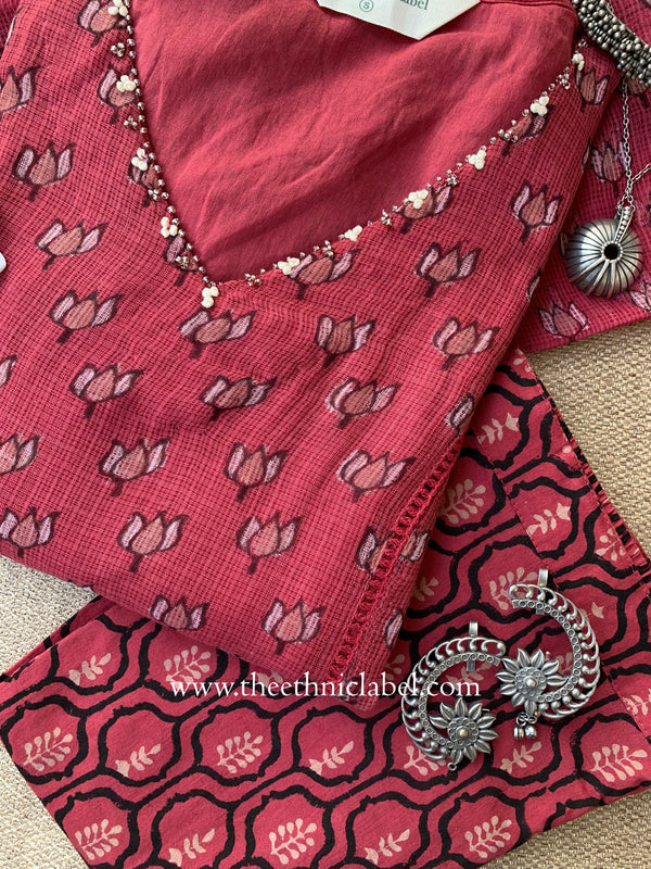 "Tajali" Kota Doria Kurta Set with Dupatta(3pc)