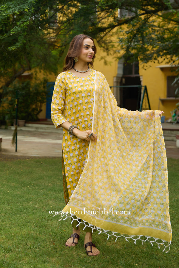 Sumaya Hand Block Printed Cotton kurta with with kota doria dupatta (2pc)